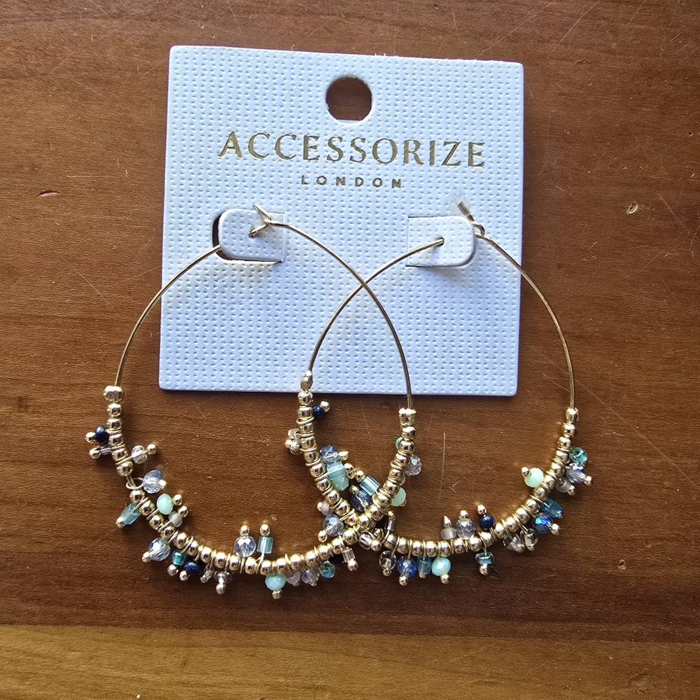Accessorize London Gold Hoop Earrings with Blue and Gold Beads NWT